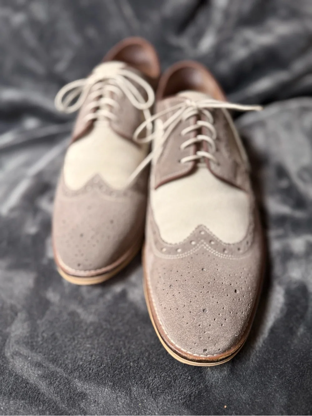 Two-Tone Taupe Suede Brogue Derby Shoes - Lace-Up